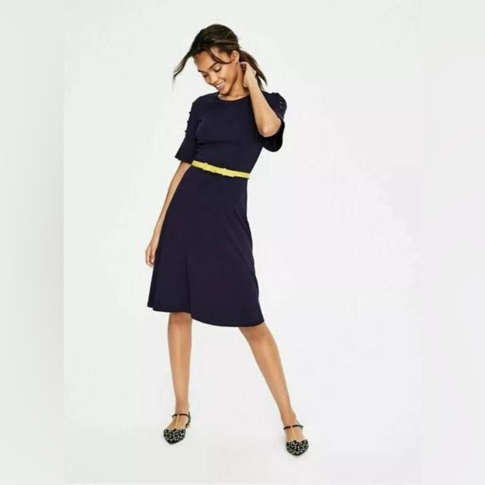 Boden Navy Midi Dress with Yellow Belt